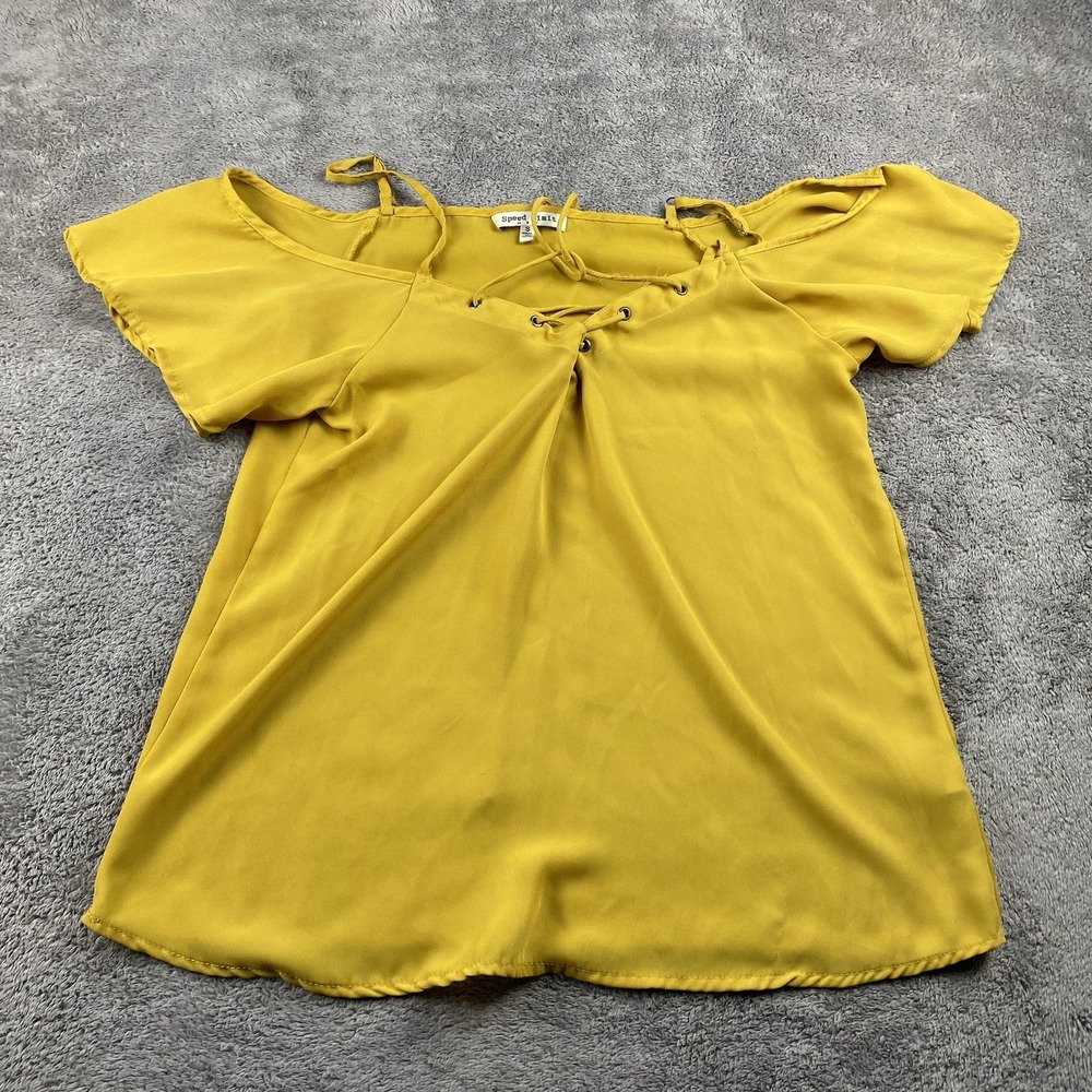 Speed Limit MPH Tie Neck Ruffle Blouse Short Sleeve Womens Small‎ Yellow